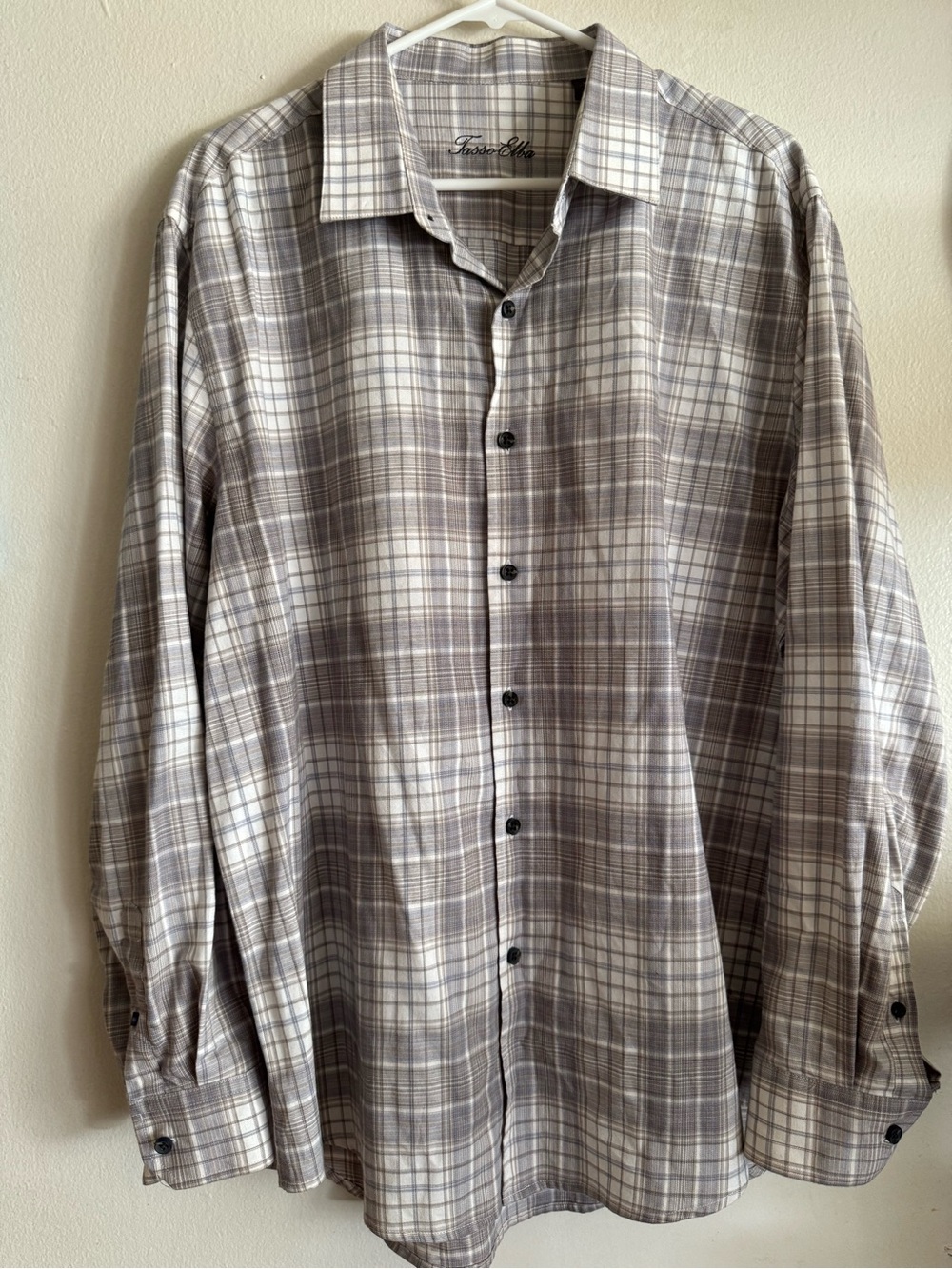 Tasso Elba 100% Cotton Gray and White Plaid Button-Down Shirt